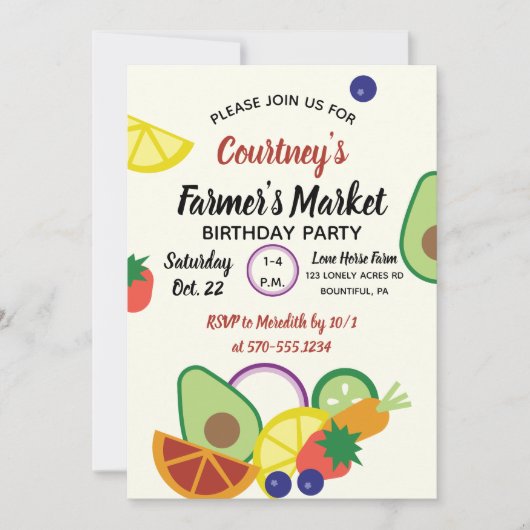 ファーマーズマーケット誕生日パーティーフルーツと野菜 招待状 (正面)