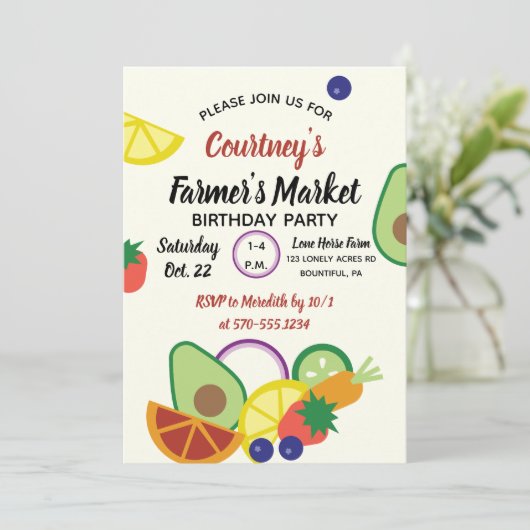 ファーマーズマーケット誕生日パーティーフルーツと野菜 招待状 (スタンド正面)