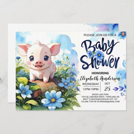 ファーミヤードおもしろいピグブルーベビーシャワー 招待状 (正面/裏面)