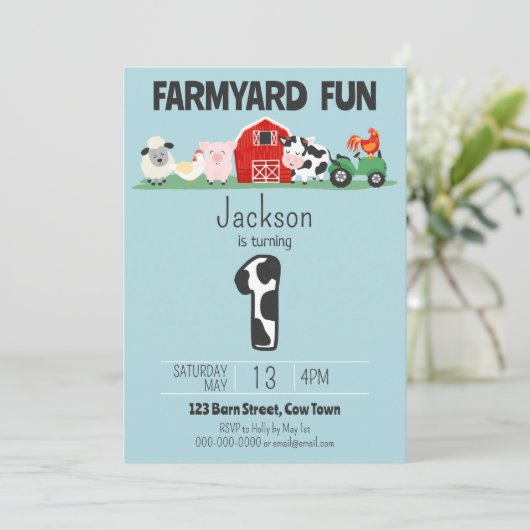 ファーミヤードおもしろい1stバースデーファームアニマル誕生日 招待状 (スタンド正面)