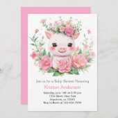 ファーミヤードピンクピグレットブリスフルガールベビーシャワー 招待状 (正面/裏面)