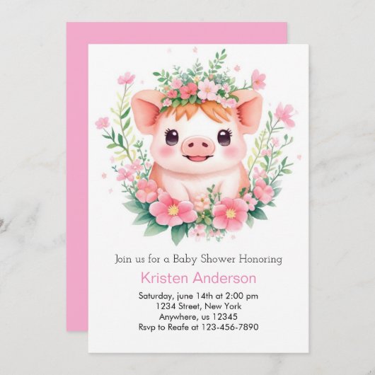ファーミヤードブリスピンクピグレットガールベビーシャワー 招待状 (正面/裏面)