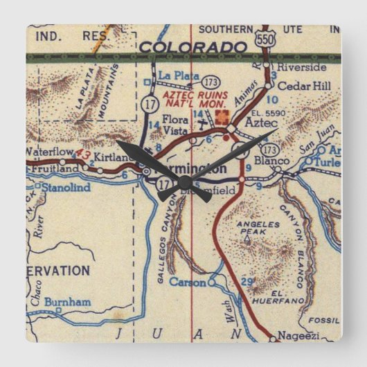 ファーミントン・ニューメキシコのヴィンテージの地図 スクエア壁時計 (正面)