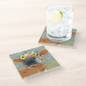 ファームおもしろい – フラワークラウン付き牛 ガラスコースター (アングル)