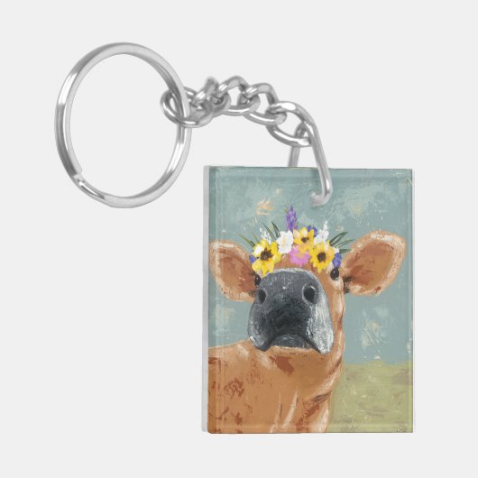 ファームおもしろい – フラワークラウン付き牛 キーホルダー (正面左)