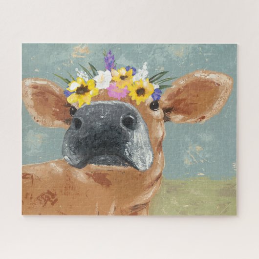 ファームおもしろい – フラワークラウン付き牛 ジグソーパズル (横)