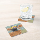 ファームおもしろい – フラワークラウン付き牛 スクエアペーパーコースター (インサイチュ)