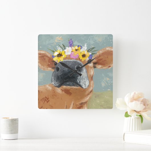 ファームおもしろい – フラワークラウン付き牛 スクエア壁時計 (ホーム)