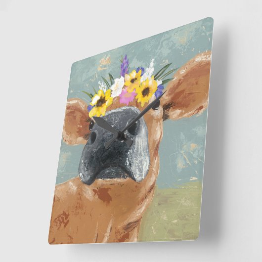 ファームおもしろい – フラワークラウン付き牛 スクエア壁時計 (傾斜)