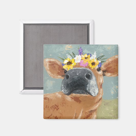 ファームおもしろい – フラワークラウン付き牛 マグネット (正面/裏面)