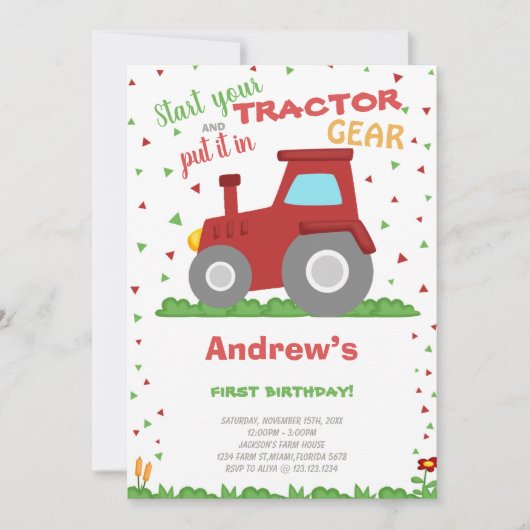 ファームとトラクターをテーマにしたパーティーカード 招待状 (正面)
