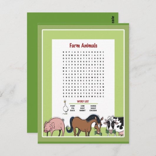 ファームの動物の単語検索 ポストカード (正面/裏面)