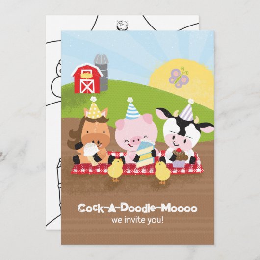 ファームの友人の誕生日パーティーの招待，バージョン2 招待状 (正面/裏面)