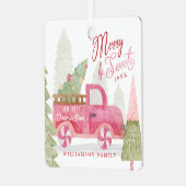 ファームの新鮮なクリスマスツリーレッドヴィンテージトラックの写真 メタルオーナメント (正面左)