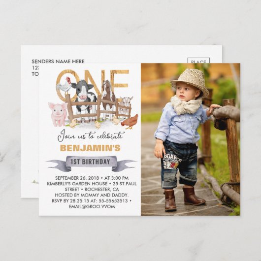 ファームの最初の誕生日納屋周囲の庭フォト招待状 ポストカード (正面/裏面)