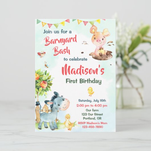 ファームの誕生日の招待ファーム動物のパーティー招待状 招待状 (スタンド正面)