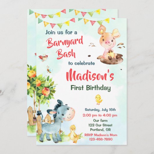 ファームの誕生日の招待ファーム動物のパーティー招待状 招待状 (正面/裏面)