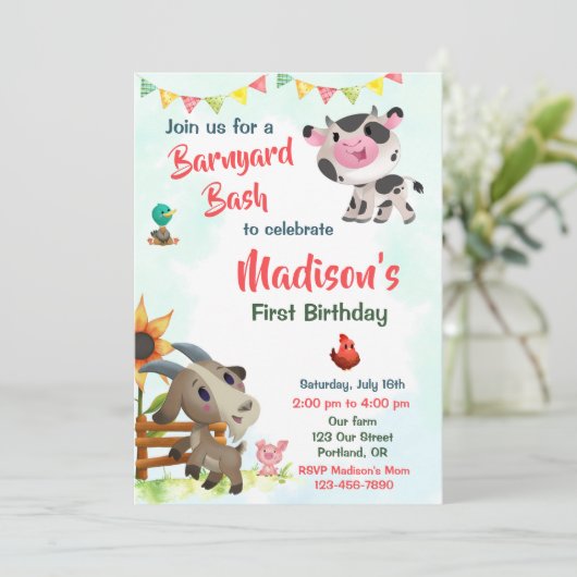 ファームの誕生日の招待ファーム動物のパーティー招待状 招待状 (スタンド正面)