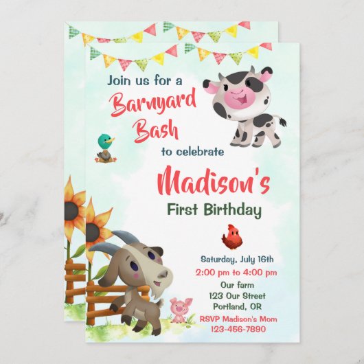 ファームの誕生日の招待ファーム動物のパーティー招待状 招待状 (正面/裏面)