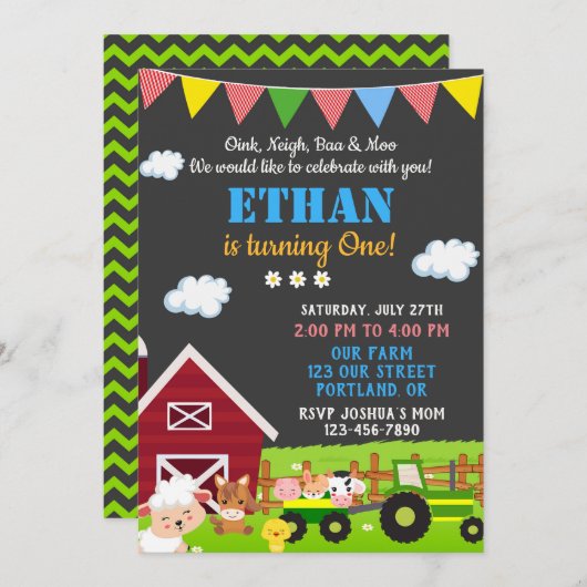 ファームの誕生日の招待レッドバーンパーティー招待状 招待状 (正面/裏面)