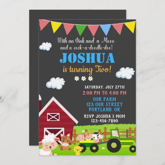 ファームの誕生日の招待納屋周囲の庭誕生日招待状 招待状 (正面/裏面)