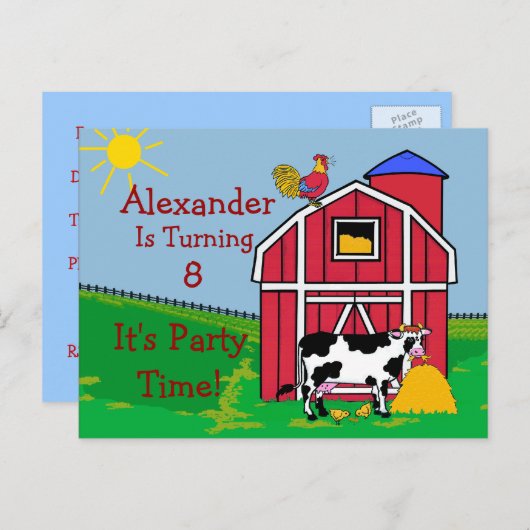 ファームの誕生日パーティーをパーソナライズ インビテーションポストカード (正面/裏面)