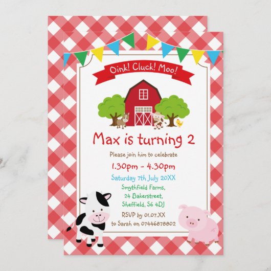 ファームをテーマにした誕生日パーティーの招待状 招待状 (正面/裏面)