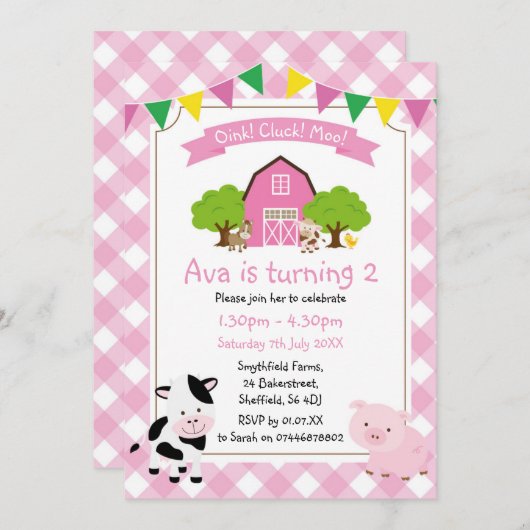 ファームをテーマにした誕生日パーティーの招待状 招待状 (正面/裏面)