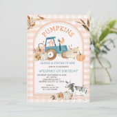 ファームアニマルオレンジギンガム秋カボチャ誕生日 招待状 (スタンド正面)