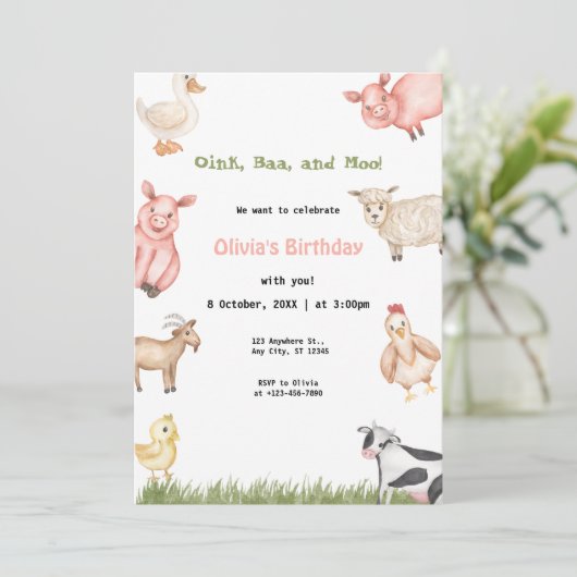 ファームアニマルガールギンガム納屋周囲の庭誕生日パーティー 招待状 (スタンド正面)