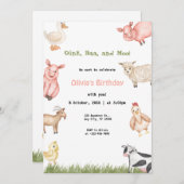 ファームアニマルガールギンガム納屋周囲の庭誕生日パーティー 招待状 (正面/裏面)