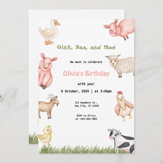 ファームアニマルガールギンガム納屋周囲の庭誕生日パーティー 招待状 (正面/裏面)