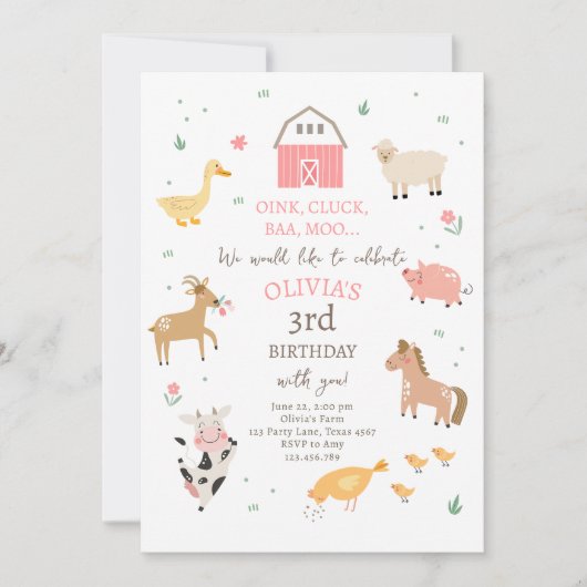ファームアニマルガールギンガム納屋周囲の庭誕生日 招待状 (正面)