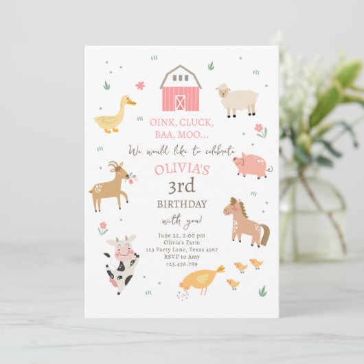 ファームアニマルガールギンガム納屋周囲の庭誕生日 招待状 (スタンド正面)