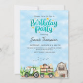 ファームアニマルグリーントラクターボーイズバースデーパーティー 招待状 (正面)