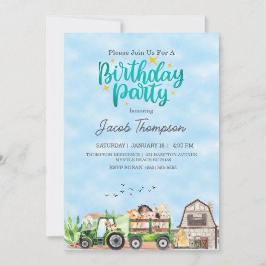 ファームアニマルグリーントラクターボーイズバースデーパーティー 招待状 (正面)