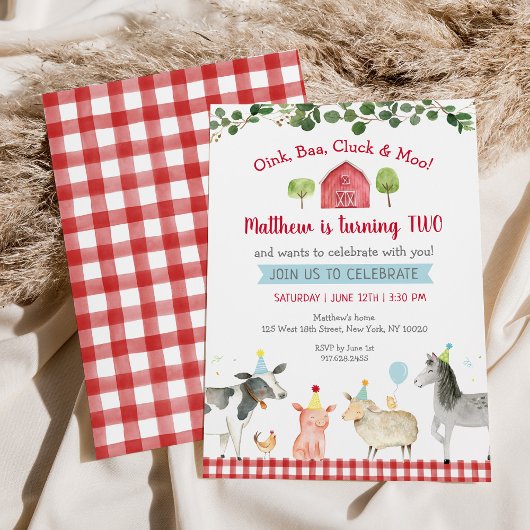 ファームアニマルグリーン納屋周囲の庭2nd誕生日 招待状
