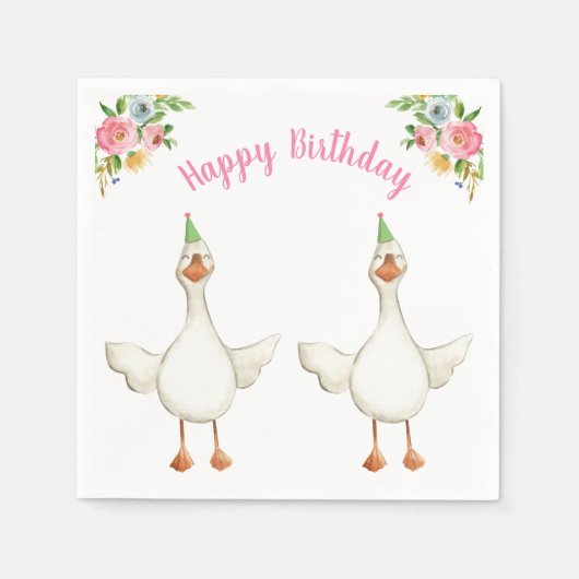 ファームアニマルグースガール誕生日納屋周囲の庭ピンク スタンダードカクテルナプキン (正面)