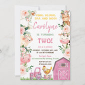 ファームアニマルズガールピンク誕生日招待状 招待状 (正面)