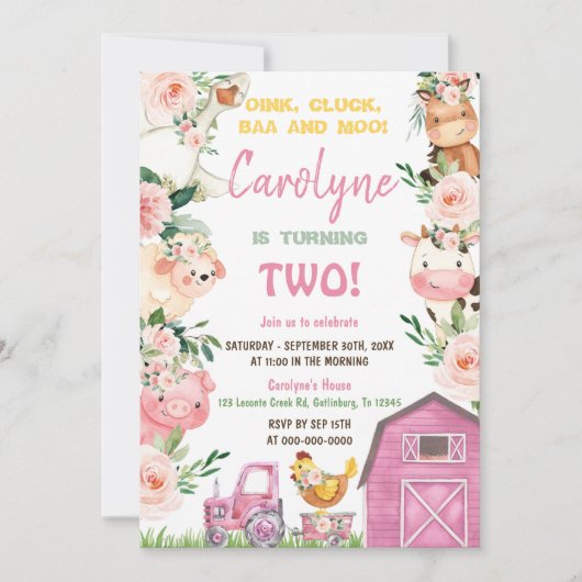 ファームアニマルズガールピンク誕生日招待状 招待状 (正面)