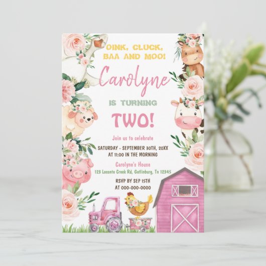 ファームアニマルズガールピンク誕生日招待状 招待状 (スタンド正面)