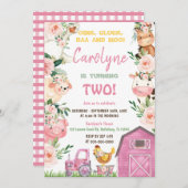 ファームアニマルズガールピンク誕生日招待状 招待状 (正面/裏面)