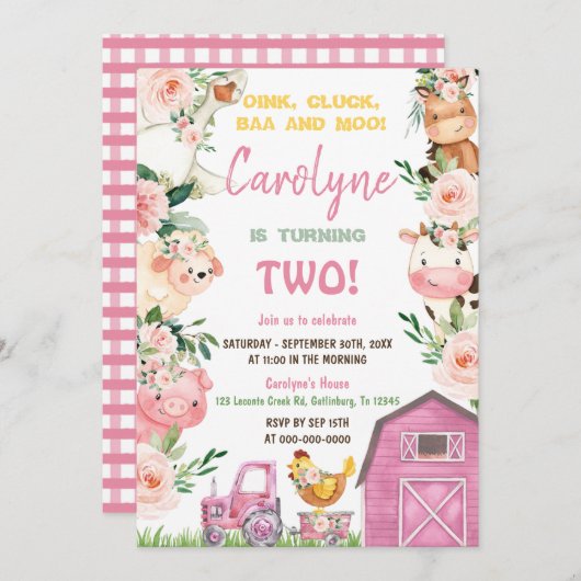 ファームアニマルズガールピンク誕生日招待状 招待状 (正面/裏面)