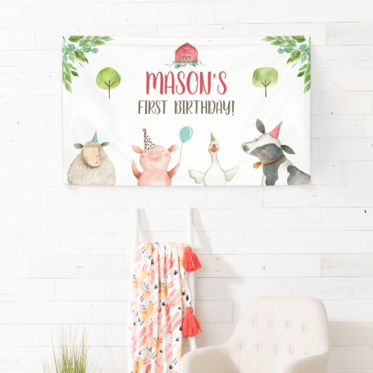 ファームアニマルズガール誕生日納屋周囲の庭背景 横断幕 (インサイチュ)