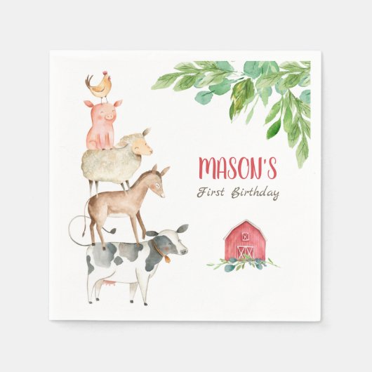ファームアニマルズゾーボーイ誕生日納屋周囲の庭 スタンダードカクテルナプキン (正面)