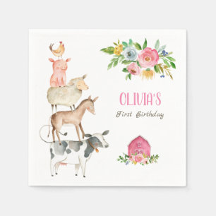 ファームアニマルズツォーガール誕生日納屋周囲の庭ピンク スタンダードカクテルナプキン