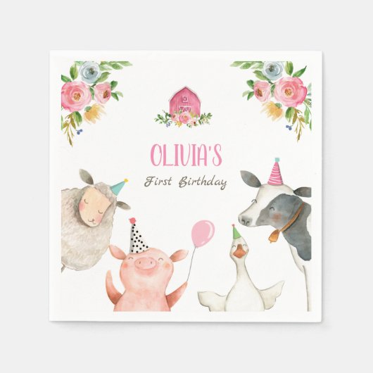ファームアニマルズツォーガール誕生日納屋周囲の庭ピンク スタンダードカクテルナプキン (正面)