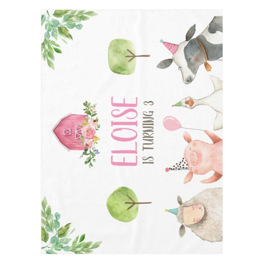 ファームアニマルズテーブルクロス納屋周囲の庭誕生日ガール テーブルクロス (正面)