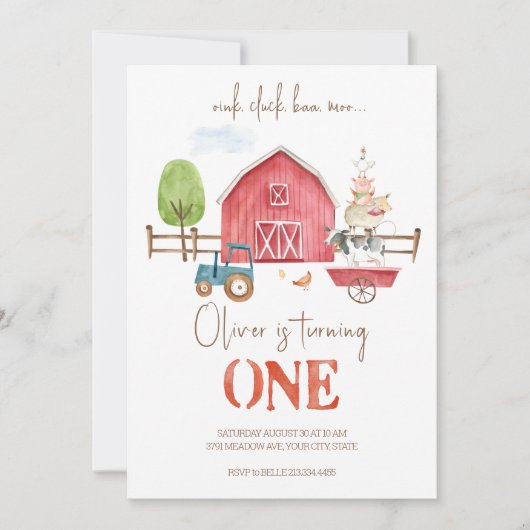 ファームアニマルズテーマファースト誕生日招待状 招待状 (正面)