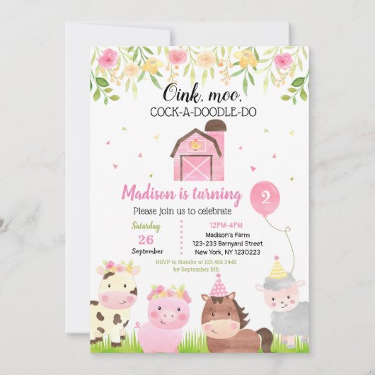 ファームアニマルズバースデーパーティ招待状ガール 招待状 (正面)